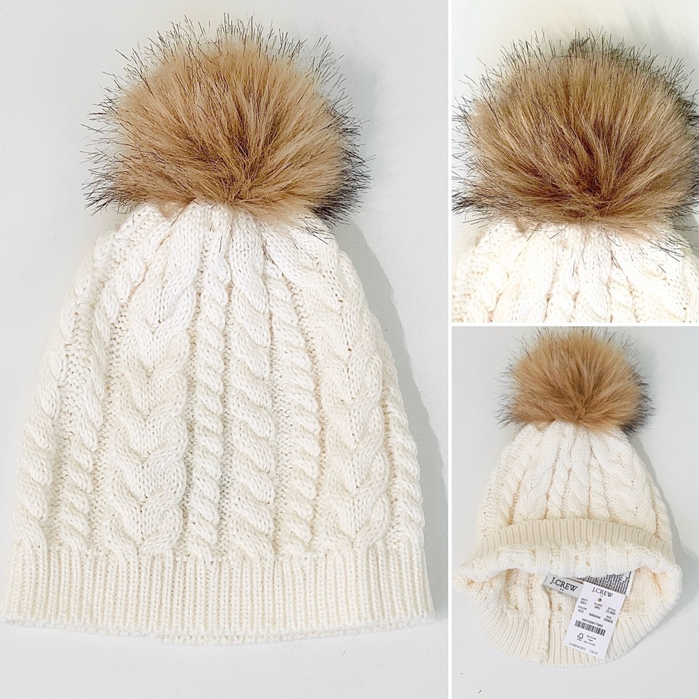 J. Crew Beanie Hat Knit Cable Pom-Pom Off-White Stretch